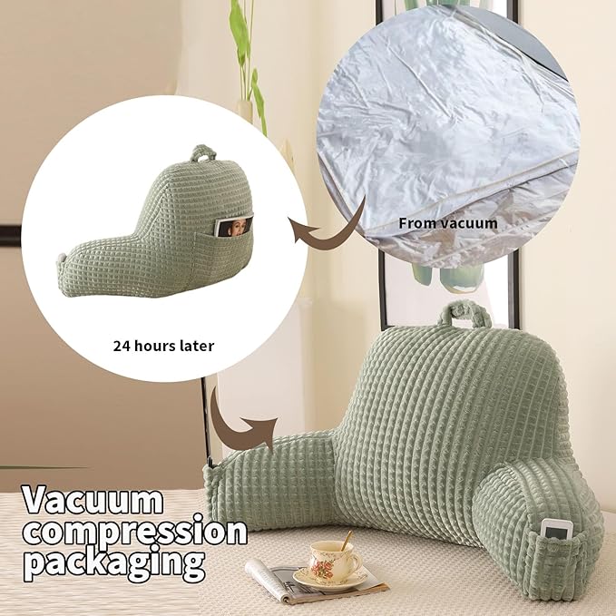 Reading Pillow for Sitting in Bed, Large Backrest Reading Pillow with Arm Rest,Back-Rest Support Cushion for Sit Up on Couch, Sofa, and Floor, Dorm Essentials (Green Flannel, Standard(17inch))