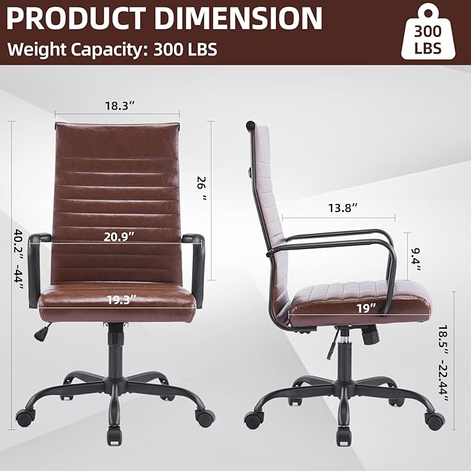 Office Chair, Ergonomic Executive Conference Room Chairs, Ribbed Leather Desk Chair with Lumbar Support, Adjustable Height Mid-Back Swivel Chair with Padded Seat