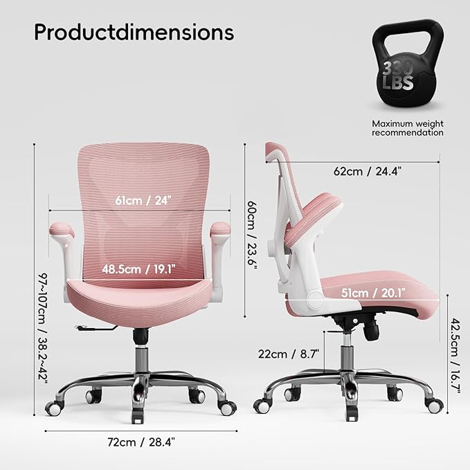 Office Home Ergonomic Desk Chair-Computer X-Shaped Chair Mesh PU Leather with Adjustable Lumbar Support-Executive Chair High Back Flip-Up Arms for Long Hours (Pink-No Headrest)