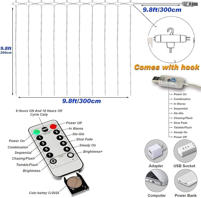 Honche Led Curtain String Lights with Remote for Bedroom Wedding Party Festive Season Propose Marriage Window Christmas Decorations(Bright White)