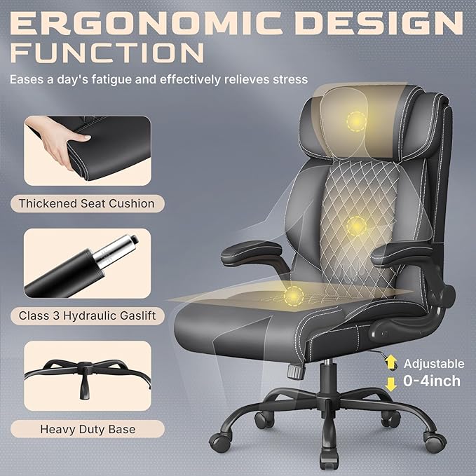 Office Chair, Ergonomic Big and Tall Executive Desk Chair, Breathable Leather Chair with Adjustable Flip-up Armrests, Lumbar Support Swivel Computer Chair with Rocking Function(Black)