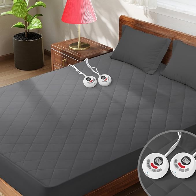 Heated Mattress Pad Queen Size Quilted Zone Heating Electric Bed Warmer Comfort Heat Mattress Pad Cover Dual Controller（10 Heat Setting | 1-12 Hours Auto Shut Off | with 8-21 Inch Deep Pocket） Gray
