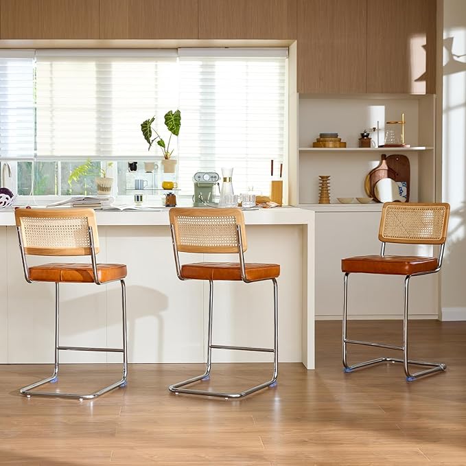 Natural Rattan Bar Stools Set of 3 with Solid Wood Back, 29 Inch Mid Century Modern Counter Height Stools, Brown Faux Leather Upholstery Boho Stool for Kitchen Counter with Chrome Metal Legs