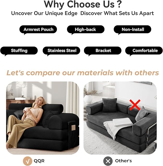 Upgrade High Backrest Design Sofa Bed with Fixed-Shape Frame & Removable Armrests and Backrest, Corduroy Fabric, Convertible Mattress Couch for Small Spaces - No Assembly Neede (High Backrest Black)