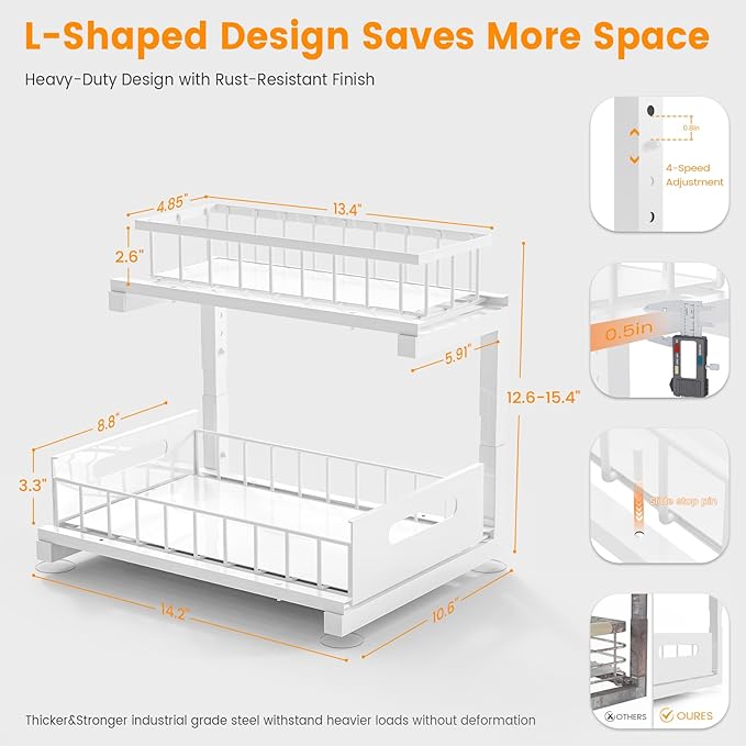 2 Pack Under Sink Organizer, Heavy Duty Metal Slide Out Sink Shelf Organizer Height Adjustable, Multi-Purpose Storage Shelf for Kitchen Bathroom (White,2Pack)