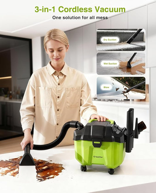 Cordless Shop Vac, 2.6 Gal 2x4.0Ah Battery Powered Shop Vac, 3-in-1 Cordless Shop Vacuum Wet and Dry with Strap, 4 Wheels, Accessory Storage Holder, Ideal for Garage, Car, Workshop