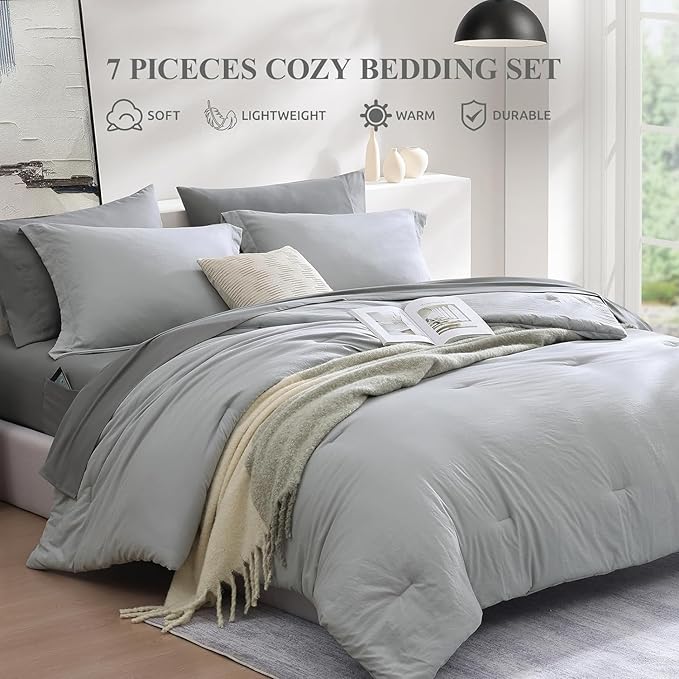 WRENSONGE Twin Comforter Set- 5 Pieces Light Grey Bed in a Bag, All Season Twin XL Bedding Sets with 1 Fitted Sheet, 1 Flat Sheet, 1 Pillow Sham and 1 Pillowcase