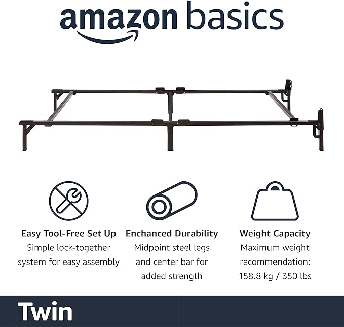 Amazon Basics Metal Twin Size Bed Frame(Box Spring Required), 6-Leg Base for Box Spring and Mattress Support, Tool-Free Easy Assembly, Black
