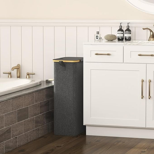 Lifewit 75L Slim Laundry Hamper with Lid, Narrow Laundry Basket with Removable Bag & Bamboo Handles, Fodable Thin Dirty Clothes Hamper for Laundry Collapsible Bin for Bathroom Bedroom Dorm, Dark Gray