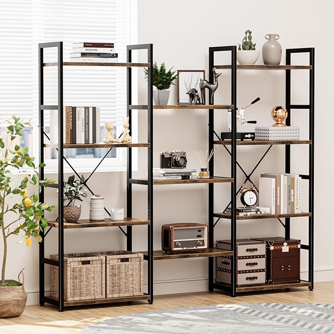 NUMENN Triple Wide 4 Tier Bookshelf, Adjustable Rustic Industrial Style Bookcases with 11 Open Display Shelves, Modern Tall Bookcase Furniture for Bedroom, Living Room and Home Office, Vintage