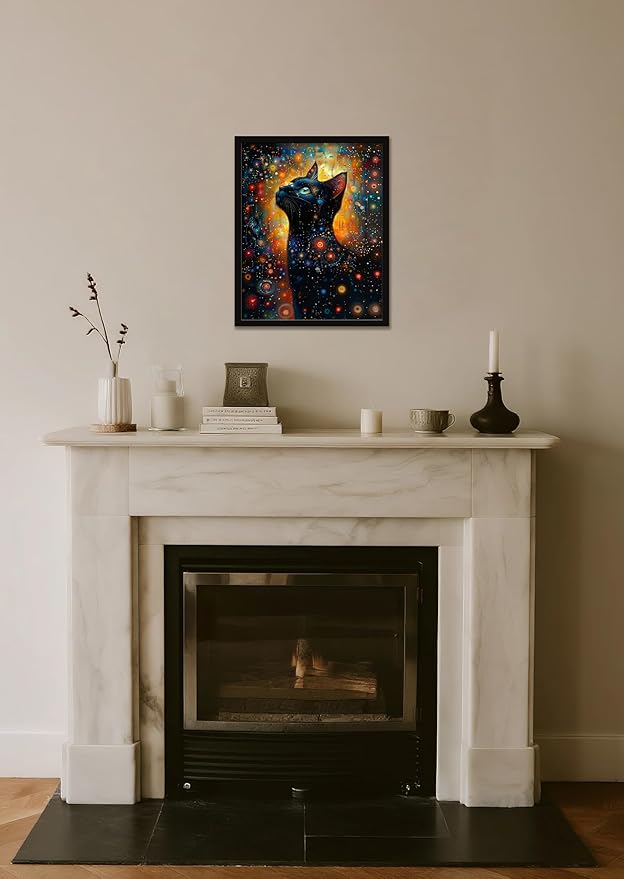 Monet Style Black Cat Wall Art Prints Cat Looking Up At The Stars Poster Canvas Art Wall Decor Picture For Bedroom Office living room Bathroom Wall Decor Aesthetic Home Artwork 16" × 20" With Framed