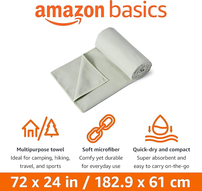 Amazon Basics Camping and Hiking Towel, Microfiber Towel, 72" L x 24" W, Fog Green