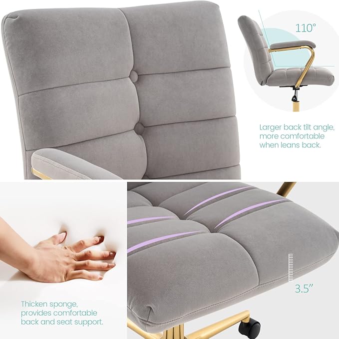 Velvet Home Office Desk Chair, Upholstered Adjustable Swivel Task Chair with Wheels, Tufted Mid-Back Computer Chair with Arms, for Study Living Room Vanity (Grey, Gold Base)
