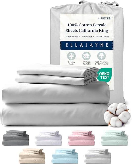 Ella Jayne Cotton Percale Sheets California King (4 Pieces) Permium 100% Cotton Percale TC300, Hotel Luxury Collection, Deep Pockets and Cooling California King Percale Sheets (Light Grey)