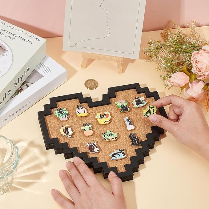 BENECREAT Pin Board Pixel Heart Cork Board, 0.8inch Thick Wall Mounted Cork Board Bulletin Display Board for Brooch Pin Storage, Office Home Festival Home Decor, 9x7.9inch