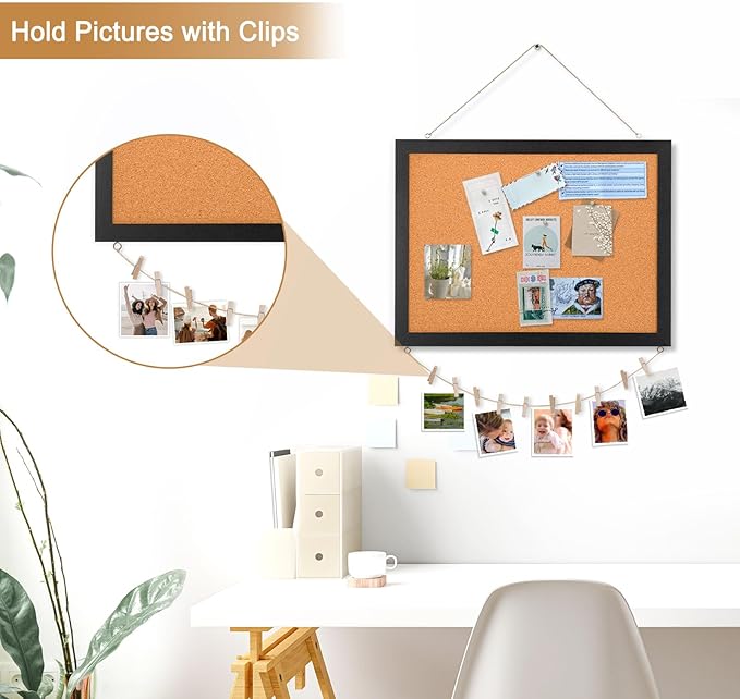 Double-Sided Cork Board for Wall, 16" x 12" Hanging Wood Framed Small Bulletin Board, Picture Display Vision Board Corkboards for Wall Room School Office Decor, 20 Pushpins (Black)