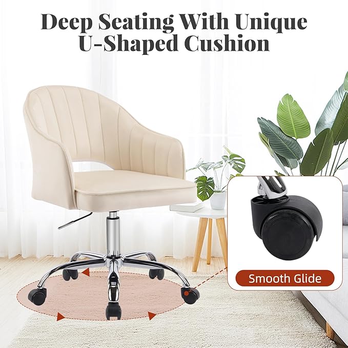MOJAY Modern Vanity Chair with Wheels, Mid-Back Cutout Velvet Home Office Chair, Swivel Height-Adjustable Soft Seat Cute Desk Chair with Arm Support (Cream)