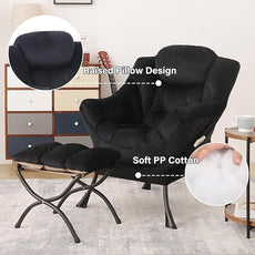Tiita Lazy Chair with Ottoman, Modern Large Accent Lounge Armchair, Comfy Leisure Sofa Reading Chair with Footrest for Bedroom, Living Room, Dorm Rooms, Garden and Courtyard, Velvet Black