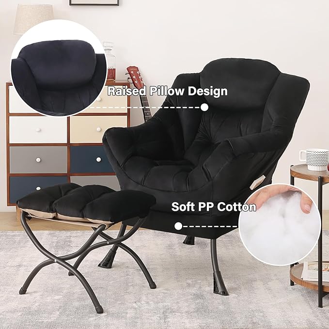 Tiita Lazy Chair with Ottoman, Modern Large Accent Lounge Armchair, Comfy Leisure Sofa Reading Chair with Footrest for Bedroom, Living Room, Dorm Rooms, Garden and Courtyard, Velvet Black