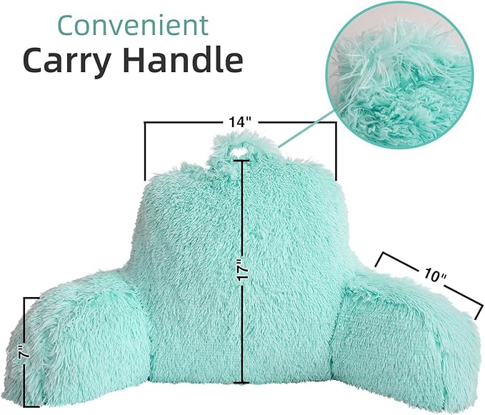 A Nice Night Faux Fur Reading Pillow Bed Wedge Large Adult Children Backrest with Arms Back Support for Sitting Up in Bed/Couch for Bedrest,Aqua