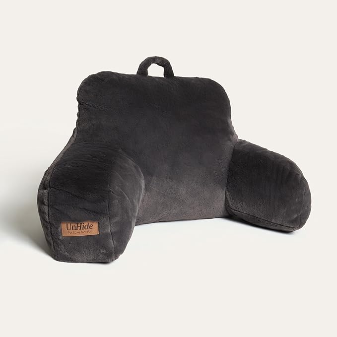 UnHide Squish Backrest Pillow - A Large Pillow with Arms for Sitting Up in Bed, Reading or Lounging - Removable, Washable Faux Fur Cover, Charcoal