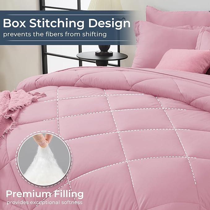 HEVUMYI Pink Twin Comforter Set - 5-Piece All Season Bed in a Bag Twin, Ultra Soft Bedding Set with Comforter, Flat Sheet, Fitted Sheet, Pillowcases, Pillow Shams, Pink