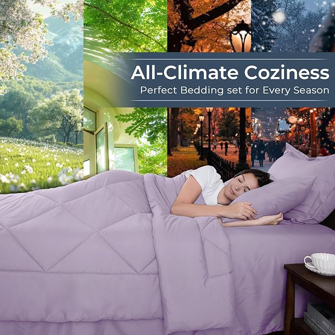 HEVUMYI Light Purple California King Comforter Set - 7-Piece All Season Bed in a Bag Cal King, Ultra Soft Bedding Set with Comforter, Flat Sheet, Fitted Sheet, Pillowcases, Pillow Shams