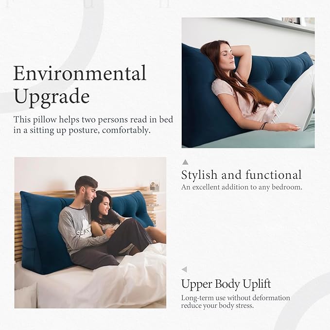 14 lbs Thickened King Wedge Pillow Headboard Body Positioner Bed Wedge Pillow Backrest Support Triangular Headboard Cushion with Side Pocket Velvet Positioning Support Blue