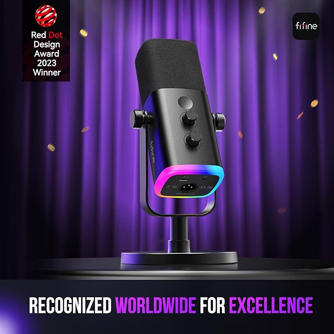 FIFINE USB/XLR Dynamic Microphone for Podcast Recording, PC Computer Gaming Streaming Mic with RGB Light, Mute Button, Headphones Jack, Desktop Stand, Vocal Mic for Singing YouTube-AmpliGame AM8