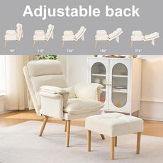 Modern Adjustable Accent Chair with Ottoman, Soft Fabric Reading Chair with Adjustable Backrest and Pillow, Comfy Lounge Chair with Armrests for Living Room, Bedroom, Apartment, Office, Dorm,Beige