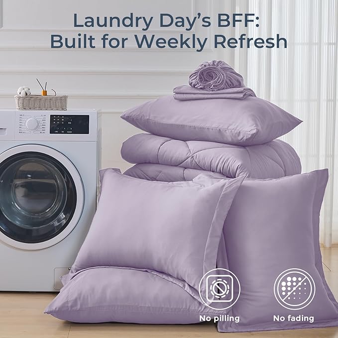 HEVUMYI Light Purple California King Comforter Set - 7-Piece All Season Bed in a Bag Cal King, Ultra Soft Bedding Set with Comforter, Flat Sheet, Fitted Sheet, Pillowcases, Pillow Shams