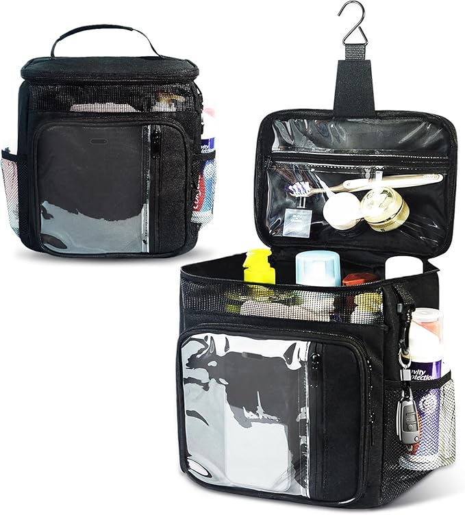 Dorm Room Essentials for Guys Girls Boys, Hanging Toiletry Bag，Waterproof Travel Shower Caddy Organizer with Clear Pockets, Mesh Compartments & Hook Portable Toiletry Bag for Gym, Camping, Cruise