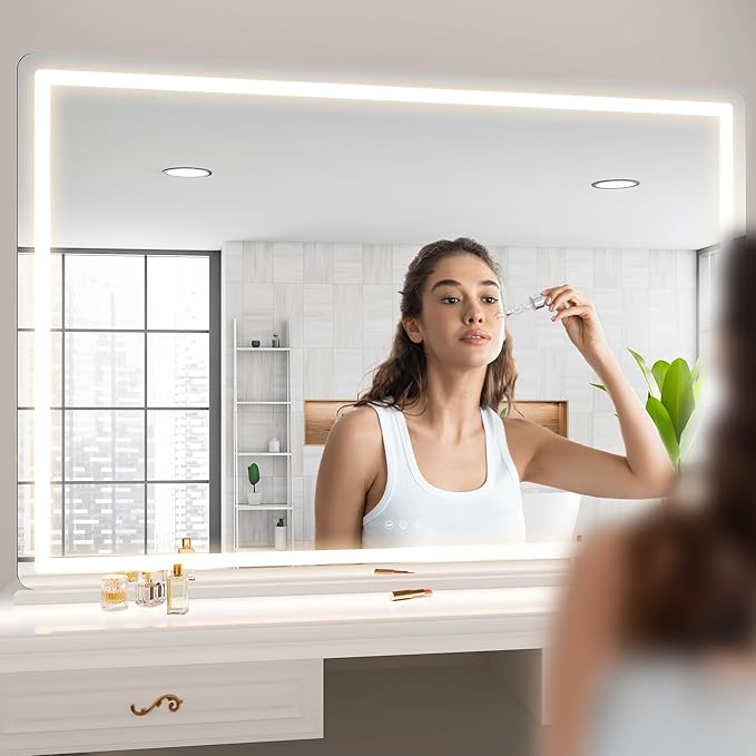 Hasipu Vanity Mirror with Lights, 55.1" x 36" LED Makeup Mirror, Lighted Makeup Mirror with Dimmable 3 Modes, Touch Screen Control Vanity Mirror Round White
