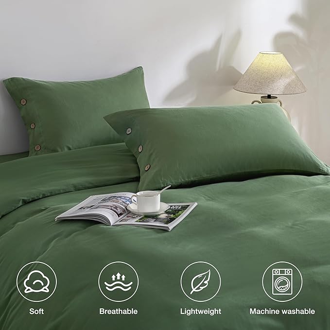 JELLYMONI Pillowcases Standard Set of 2 Cotton Button Pillow Covers 20×26in Green Bed Pillow Cases 100% Washed Cotton Soft Breathable (Pillows are not Included)