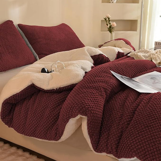 3D Jacquard Design Comforter Set, Ultra-Soft Warm Twin Size Sherpa Fur Plush 2-Pieces Sets Luxury Cozy Bedding with 1 Pillowcase (68"x90", Burgundy)