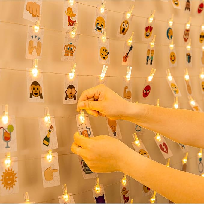 HXWEIYE 50LEDs Photo String Light, Warm White 16.4Ft Battery Powered Fairy Light with 52 Clear Clips & 10 Hooks on Wall for Hanging Picture Dorm Bedroom Party