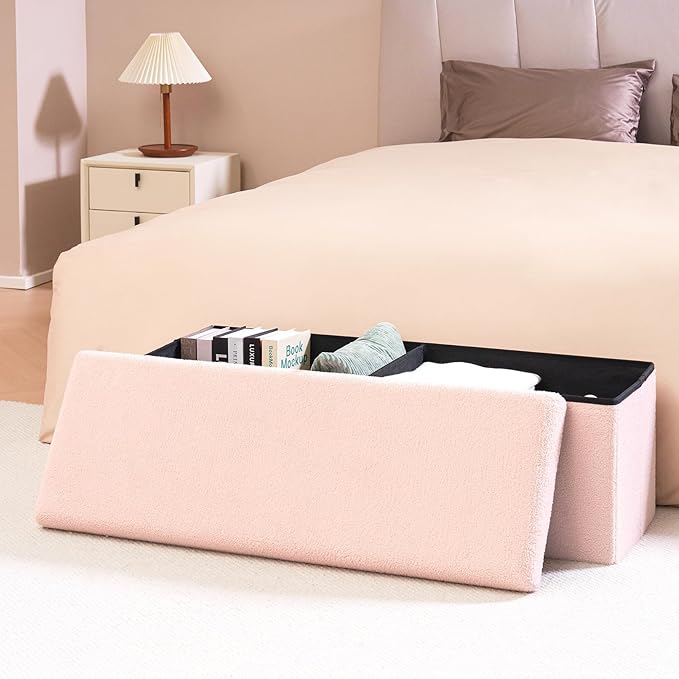 PINPLUS Storage Ottoman Bench Sherpa Foot Rest, Foldable Boucle Ottomans, Large Faux Teddy Fur Ottoman Storage Box Entryway Bench for Dorm, Pink, 43.3'' x 15'' x 15''