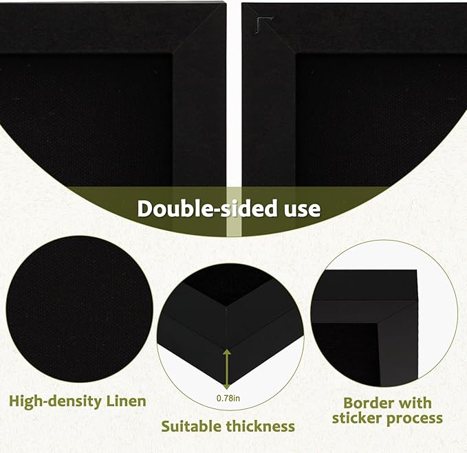 Double-Sided Black Cork Board with Linen, 24" x 18" Hanging Wood Framed Large Bulletin Board, Picture Display Vision Board Kit Corkboards for Wall Room School Office Decor, 20 Pushpins