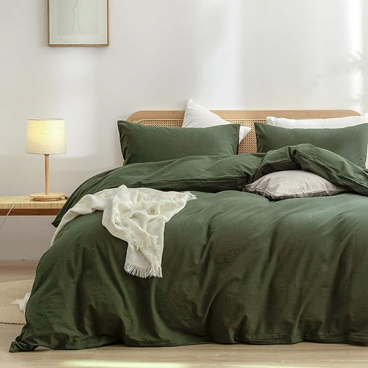 BESTOUCH Duvet Cover Set 100% Washed Cotton Linen Feel Super Soft Comfortable Chic Lightweight 3 PCs Home Bedding Set Solid Olive Green Oversized King