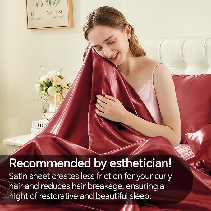 BEDELITE California King Sheets Set, Luxury Soft Burgundy Satin Sheets for Hair and Skin, Similar to Silk Bed Sheets Set 4 Pieces with 1 Deep Pocket Fitted Sheet, 1 Flat Sheet, and 2 Pillowcases