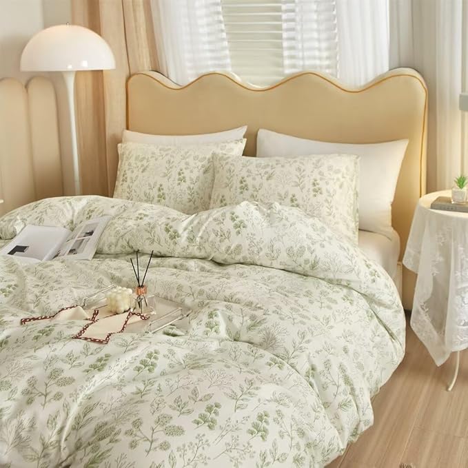 MKXI Country Botanical Comforter Set King Size White with Green Plants Print Lightweight Bedding for Girls All Season Warm Soft Comforter Sage Green Floral