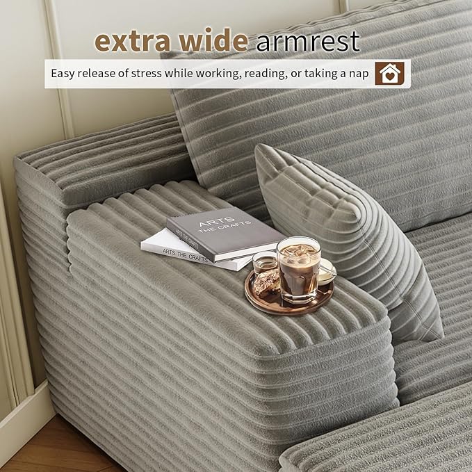 168.5" Modular Sectional Sofa, Oversized U-Shaped Minimalist Couches with 1 Middle Seat and 2 Ottomans Chaise, Modern Deep Seat Convertible Sleeper Sofa, Cloud Plush Corduroy Fabric,7 Seater, Grey