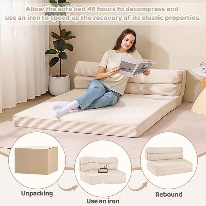 Folding Sofa Bed, Convertible Sleeper Chair with Pilow Foldable Matress, 2 in 1 Pull Out Loveseat Sofa Portable Fold Out Chair Bed Floor Couch Lounge for Living Room Bedroom (Beige, Twin)