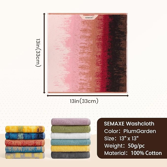 SEMAXE 100% Cotton Washcloths for Bathroom - 24 Pack, Quick-Dry Face Towels with Hanging Loop, Highly Absorbent and Soft, 13x13 Inch, Pink | Brown | Red