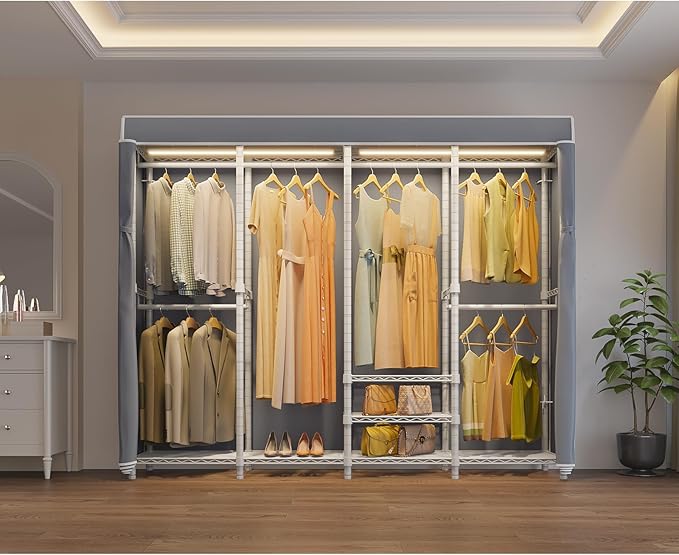 VIPEK V40LC Covered Clothes Rack with Dimmable LED Lights, Heavy Duty Garment Rack with Cover Portable Closet Wardrobe Clothing Racks for Hanging Clothes, White Closet Racks with Grey Oxford Cover