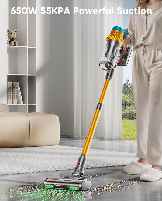Cordless Vacuum Cleaner, 650W/55KPA, 70 Mins Runtime Self-Standing Stick Vacuum, Vacuum Cleaners for Home with Anti-Tangle Brush, Smart Display, 1.8L Cup Vacuum for Pet Hair/Carpet/Floor (Gold)