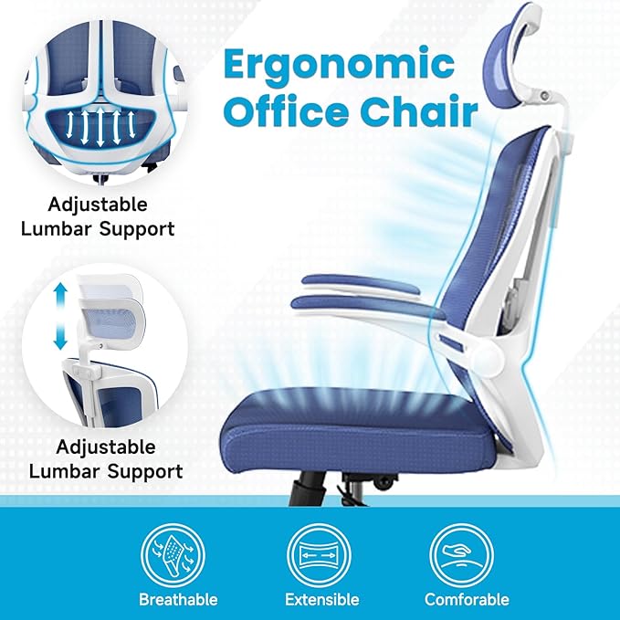 Ergonomic Office Chair - 400LB Comfy Desk Chairs with Adjustable Headrest and Lumbar Back Support, Mesh Computer Chairs with Wheels and Arms for Home Office, Study (669Blue-With Headrest)