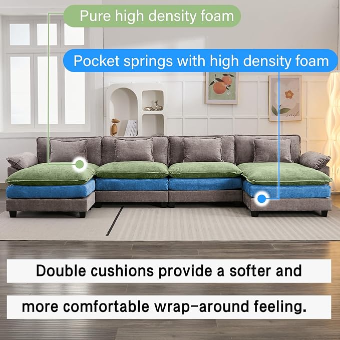 154" Modular Sectional Sofa, Comfy Cloud Couch Sectional Sofa with Ottoman, Chenille Sofa Sleeper Deep Seat Sofa with Throw Pillows for Living Room (Light Gray, 154"- U Shape)