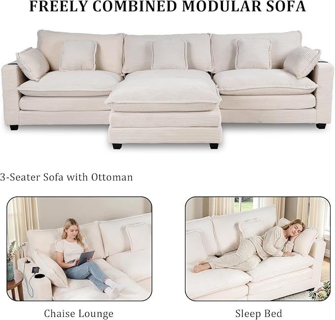 Gexpusm Modular Sectional Sofa,99" Couches for Living Room,Corduroy Sofa with Ottoman & Pillow,Cloud Sectional Couch with Cup Holders & USB,Side Pockets,3-Seat Corduroy Boneless Chair Indoor (Beige)