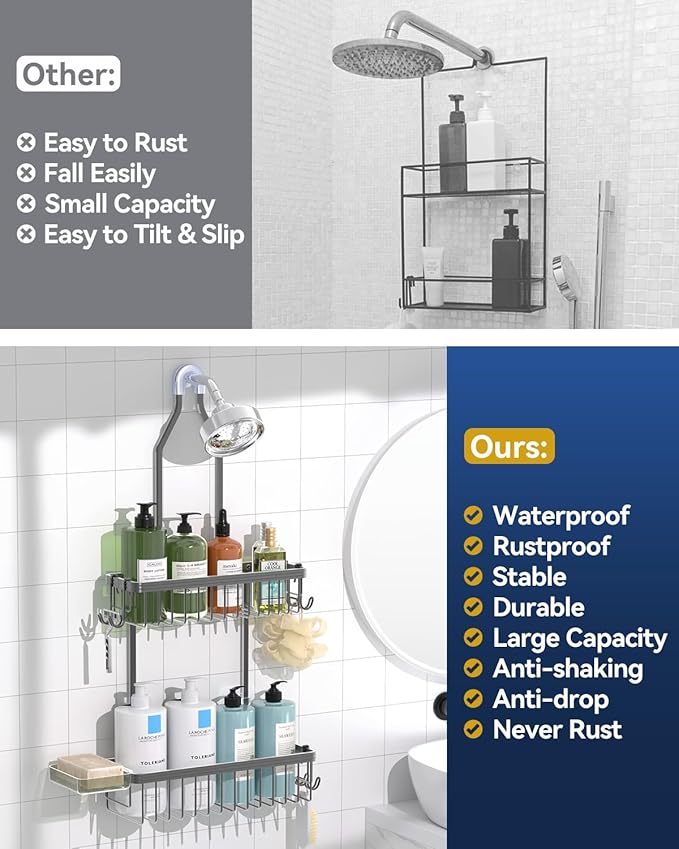 YASONIC Shower Caddy Hanging, Never Rust Shower Organizer Hanging, Aluminum Shower Racks for Inside Shower with Hooks for Razor, Bathroom Organizers and Storage with Soap Holder, Grey